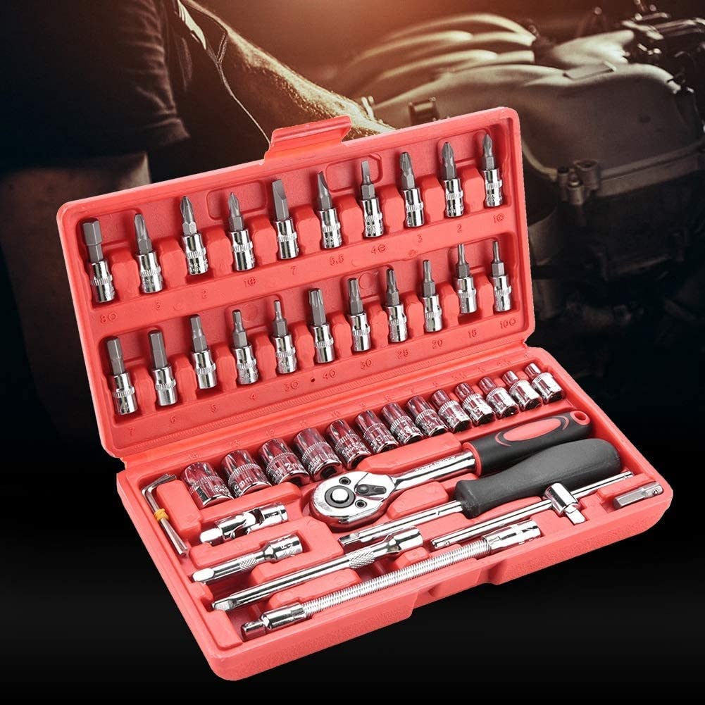 46Pcs Spanner Socket Ratchet Wrench Set 1/4" Drive Car Repair Tool Kit with Case