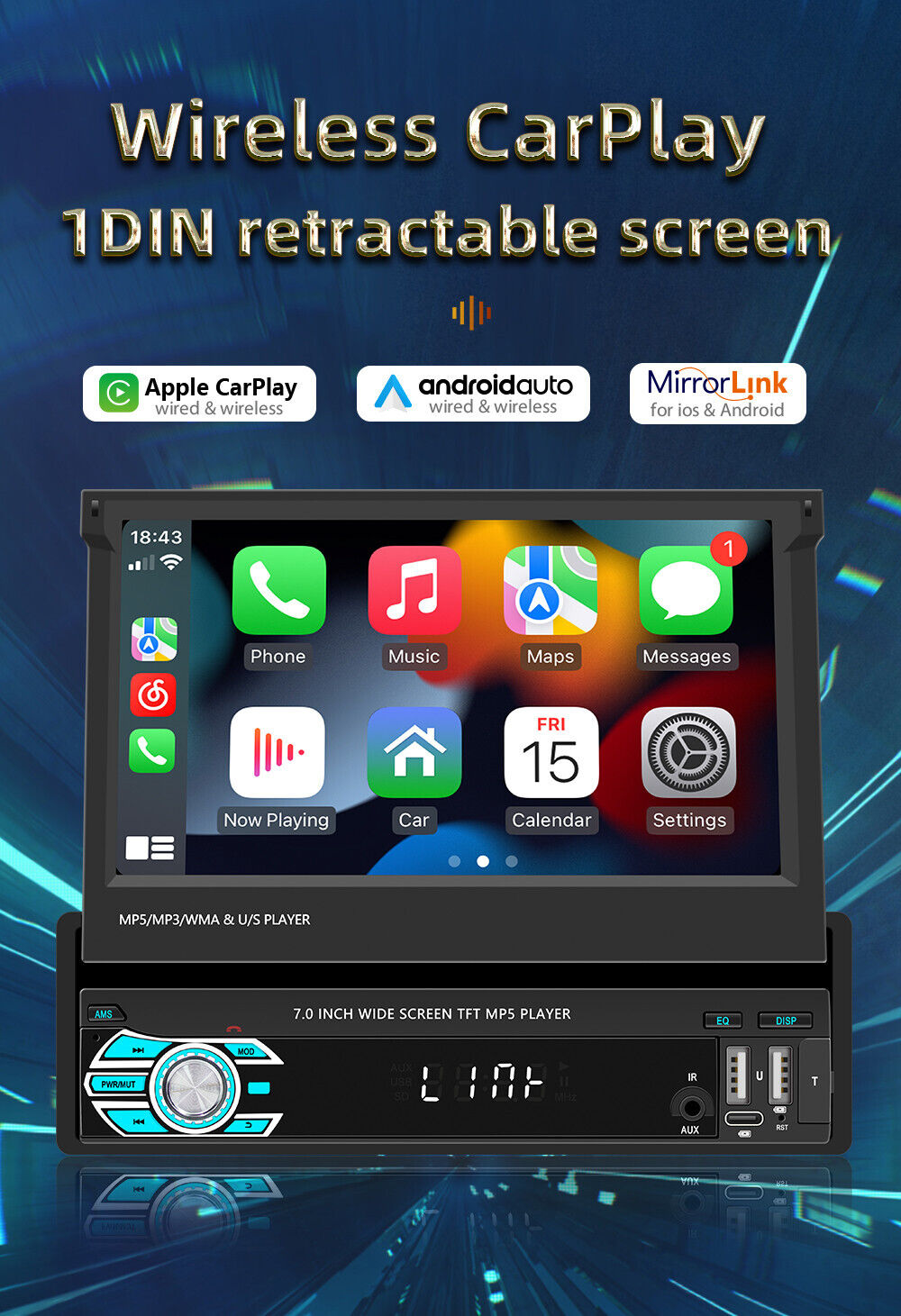 Single Din Car Radio Stereo Player Retractable Screen For Carplay Android Auto