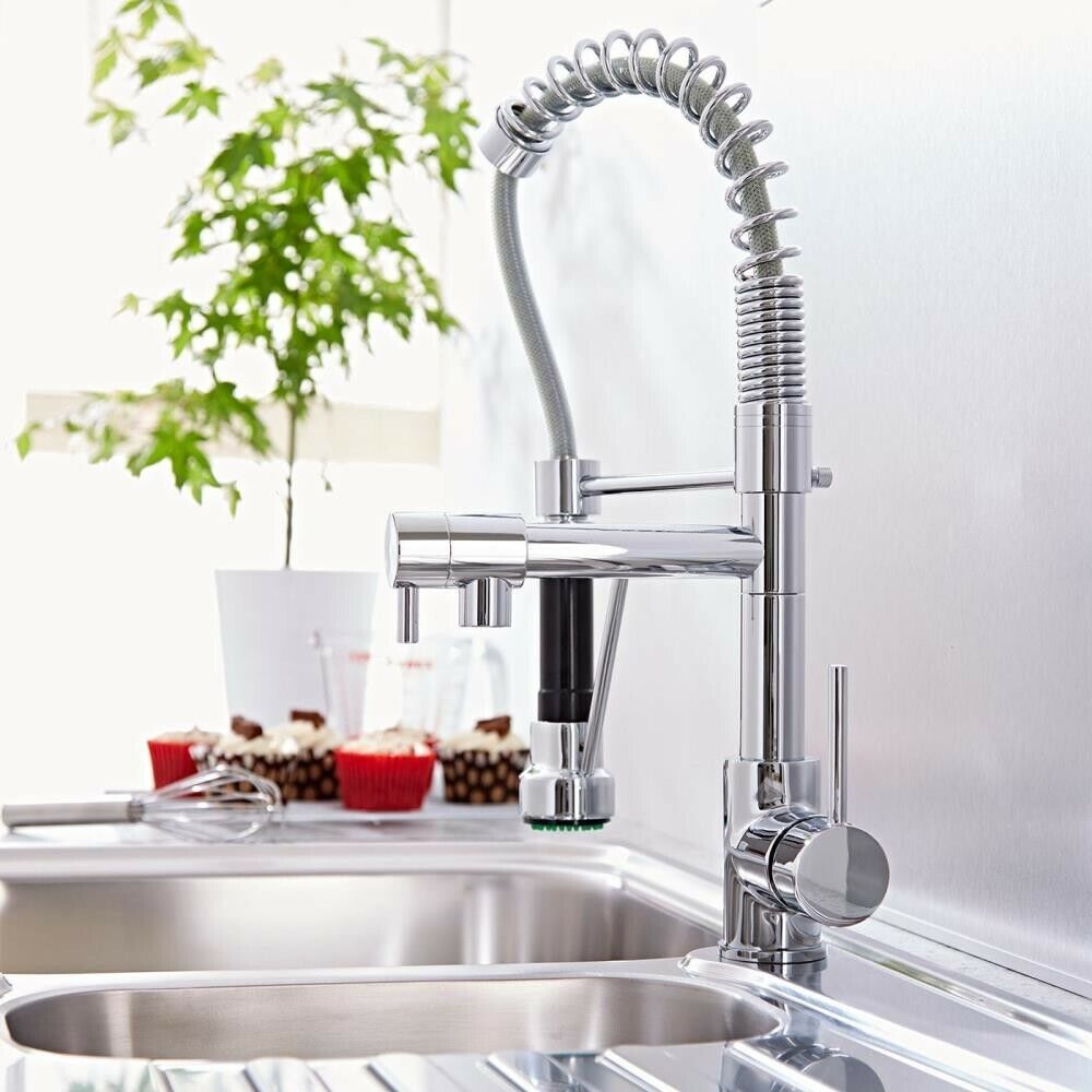 360° Swivel Pull Out Spray Taps Mixer Kitchen Sink Mixing Tap Spring Neck Chrome