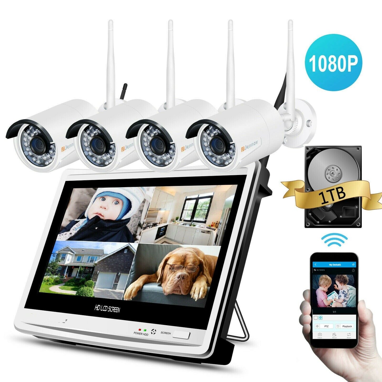 Security Camera System Wireless Outdoor WiFi 12'' LCD Monitor 4/8 CCTV Camera 1TB