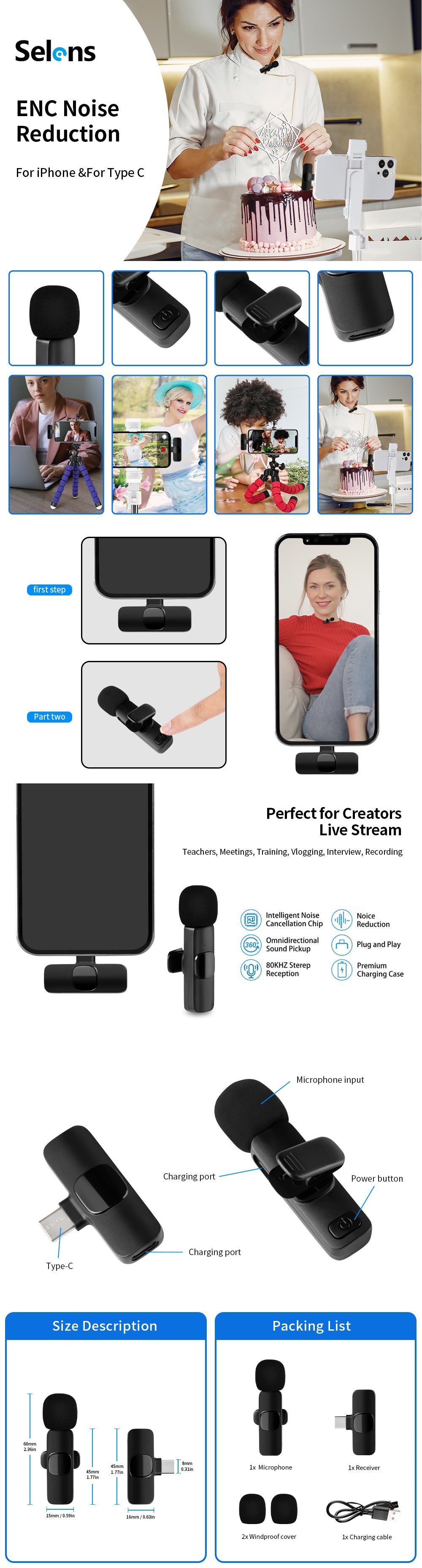 2X Wireless Lavalier Microphone For Phone Android iPhone Vlog Live Stream Mic