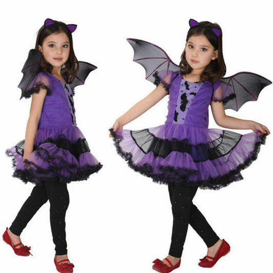 Girls Halloween Bat Wing Fancy Dress Costume Outfit Kids Cosplay Party Dress up