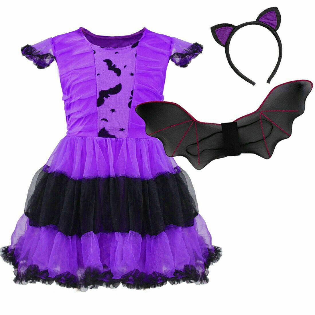 Girls Halloween Bat Wing Fancy Dress Costume Outfit Kids Cosplay Party Dress up