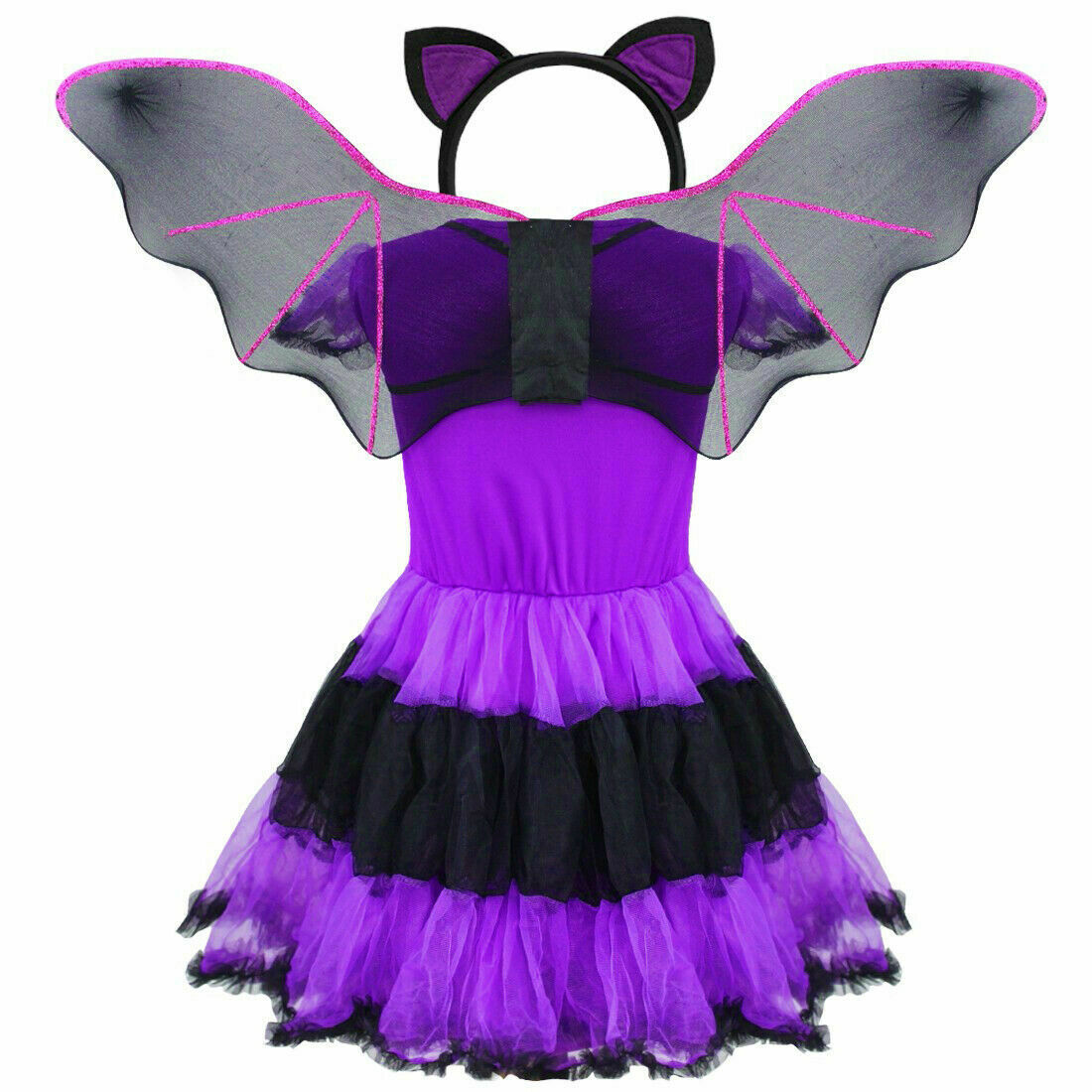 Girls Halloween Bat Wing Fancy Dress Costume Outfit Kids Cosplay Party Dress up