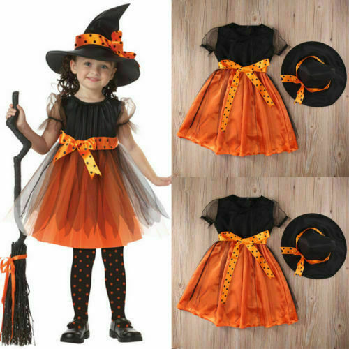 Girls Halloween Witches Hat Fancy Dress Costume Witch Outfit Kids Cosplay Party