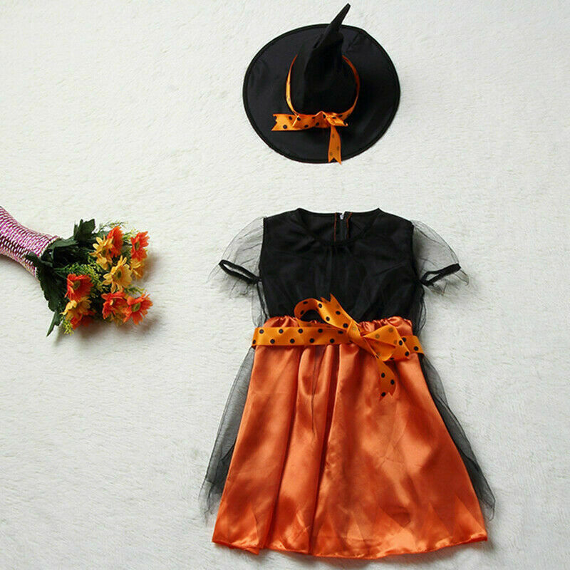 Girls Halloween Witches Hat Fancy Dress Costume Witch Outfit Kids Cosplay Party