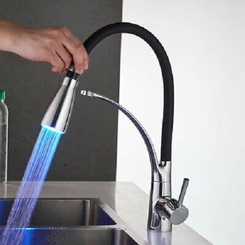 LED Kitchen Sink Mixer Taps Swivel Spout Pull Out Basin Tap Black Chrome Faucet