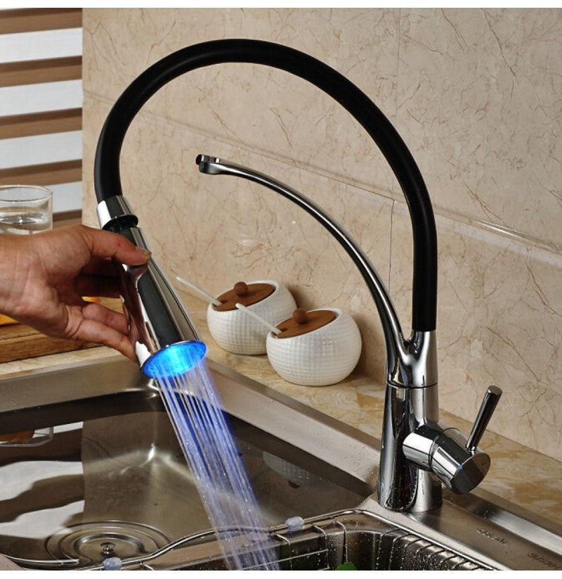 LED Kitchen Sink Mixer Taps Swivel Spout Pull Out Basin Tap Black Chrome Faucet