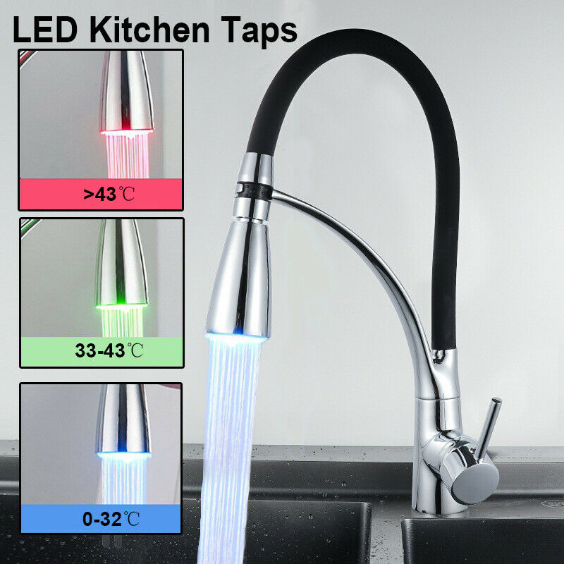 LED Kitchen Sink Mixer Taps Swivel Spout Pull Out Basin Tap Black Chrome Faucet