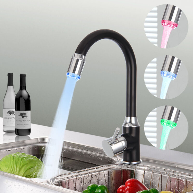 LED Kitchen Sink Mixer Taps Swivel Spout Pull Out Basin Tap Black Chrome Faucet