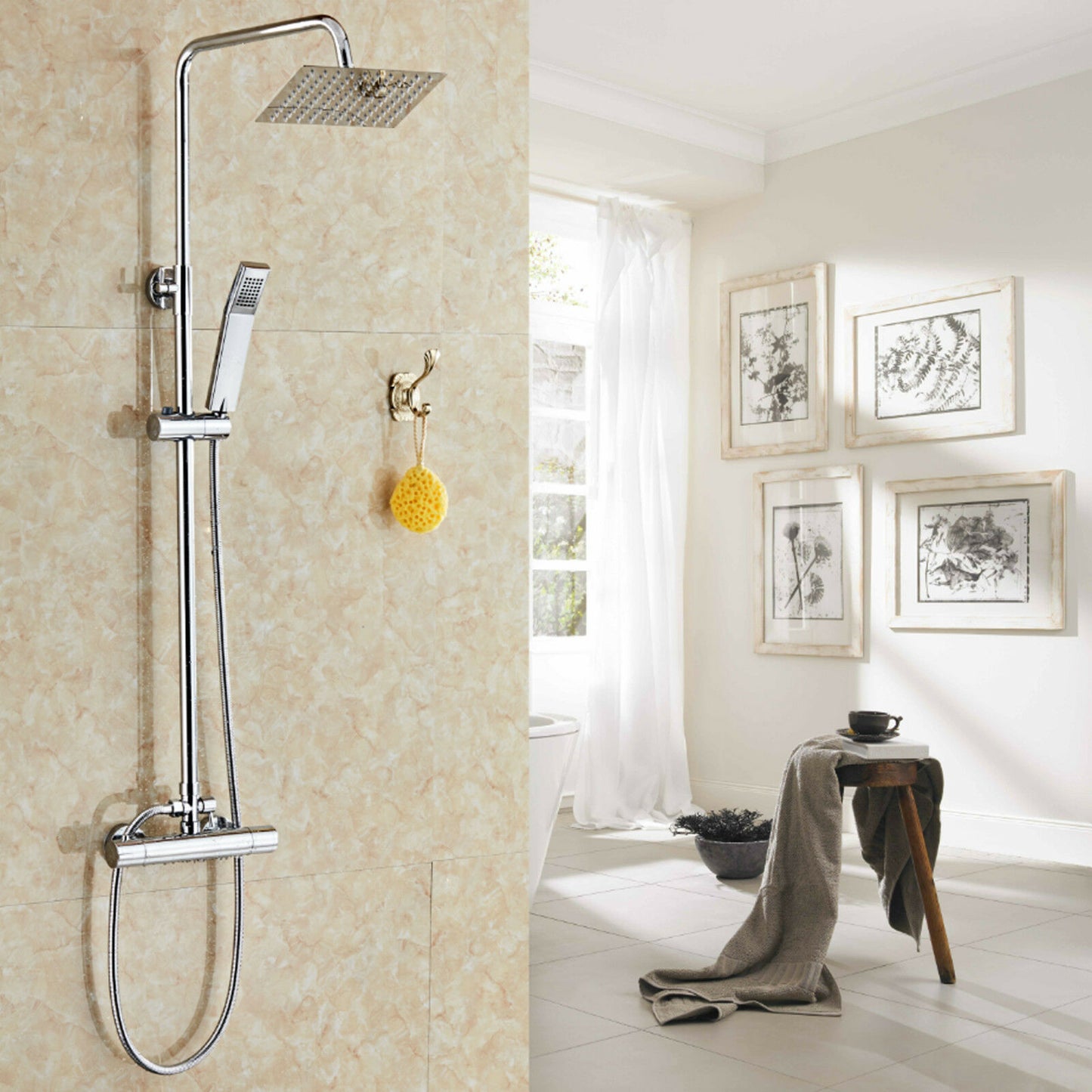 Bathroom Mixer Shower Set Twin Head Round Square Chrome Thermostatic Valve