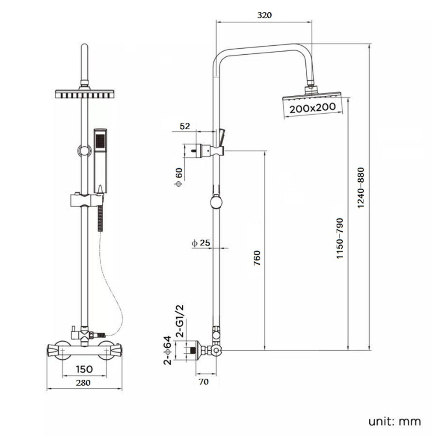 Bathroom Mixer Shower Set Twin Head Round Square Chrome Thermostatic Valve