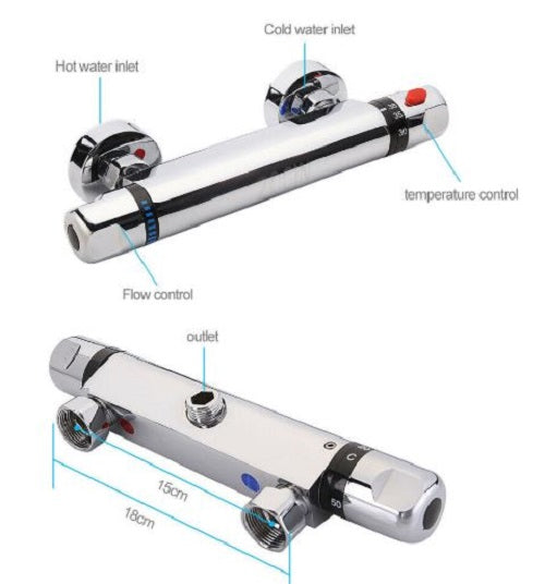 Thermostatic Exposed Bar Shower Mixer Valve Tap Chrome Bottom 1/2" Outle