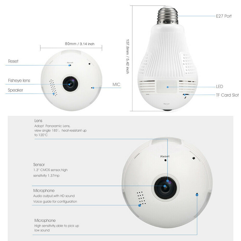 360°HD Wifi Bulb Hidden IP Camera LED Panoramic Home Security Spy Cam Light CCTV