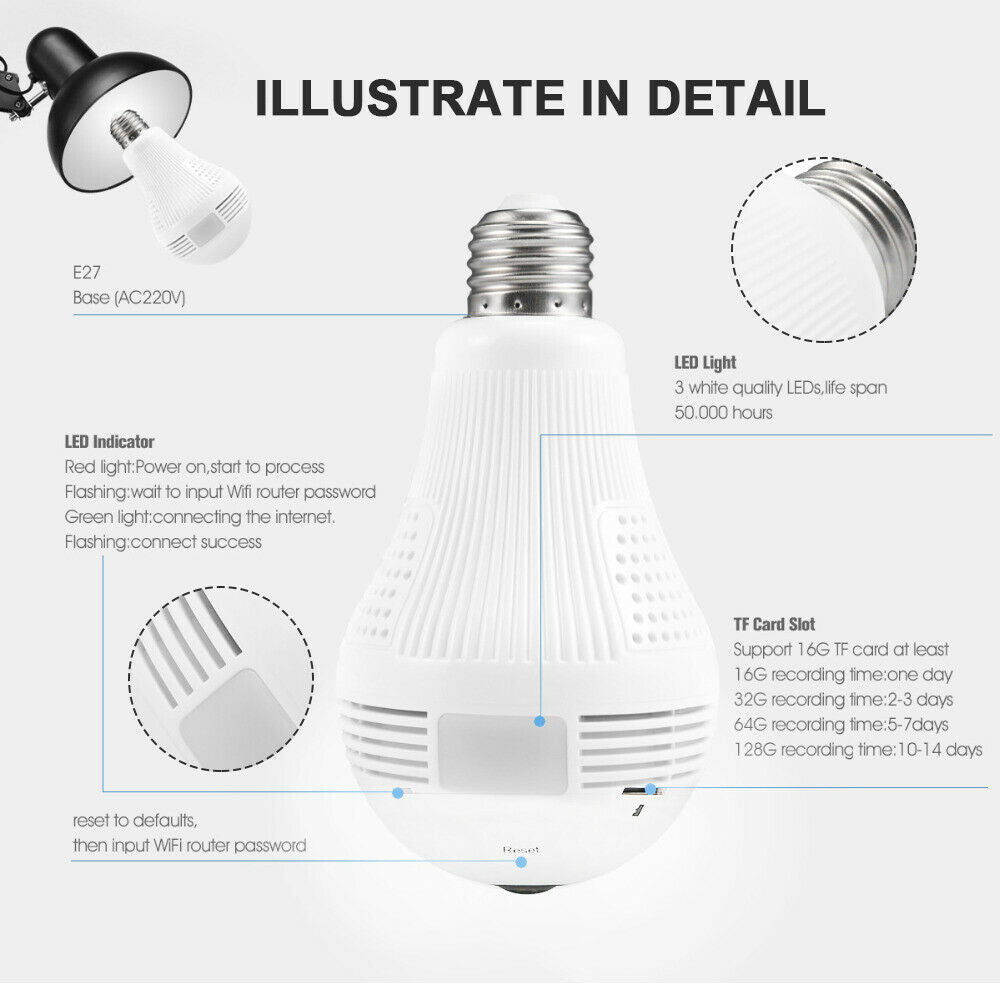 360°HD Wifi Bulb Hidden IP Camera LED Panoramic Home Security Spy Cam Light CCTV