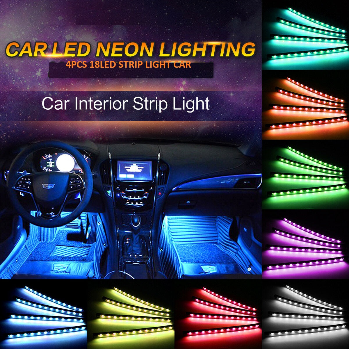 4PCS RGB 72LED Car Interior Atmosphere Decor Light Strips Music Control Dimmable