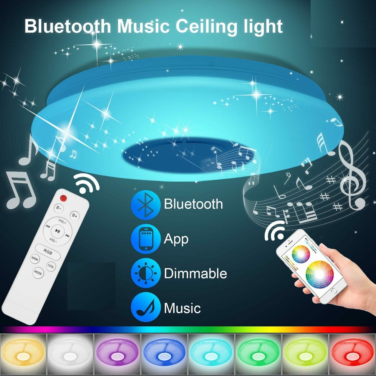 60W LED Full Color Ceiling Light RGB Dimmable Bluetooth Music Speaker APP Remote