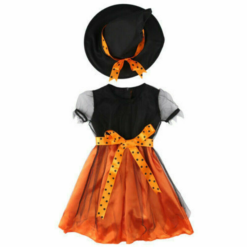 Girls Halloween Witches Hat Fancy Dress Costume Witch Outfit Kids Cosplay Party