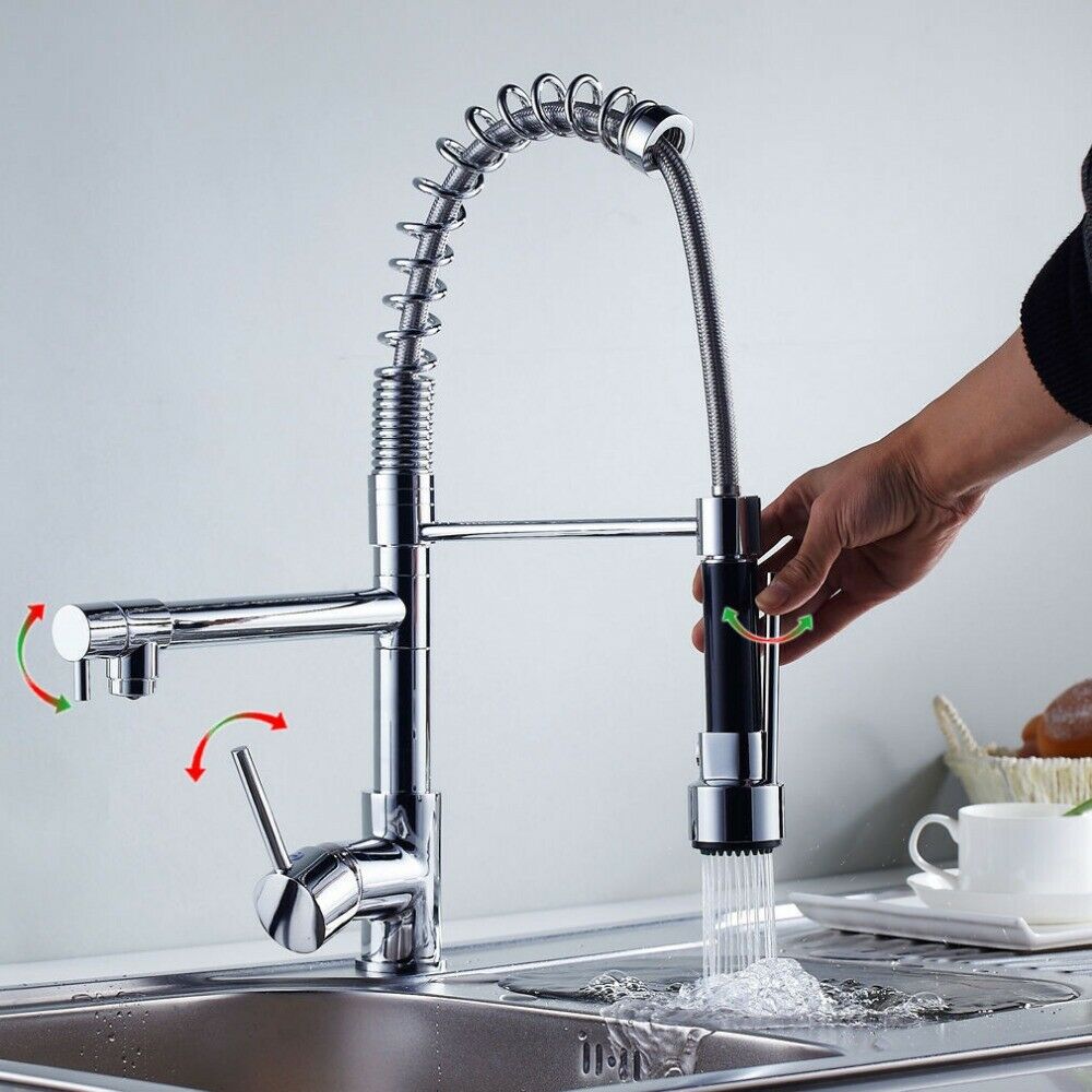 Swivel Pull Out Spray Taps Mixer Kitchen Sink Mixing Tap Spring Neck Chrome/ Black