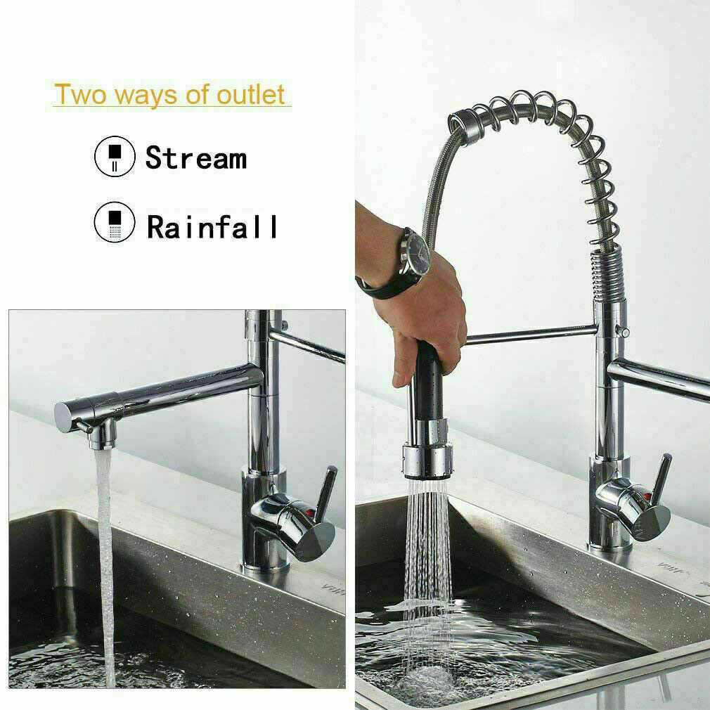 Swivel Pull Out Spray Taps Mixer Kitchen Sink Mixing Tap Spring Neck Chrome/ Black