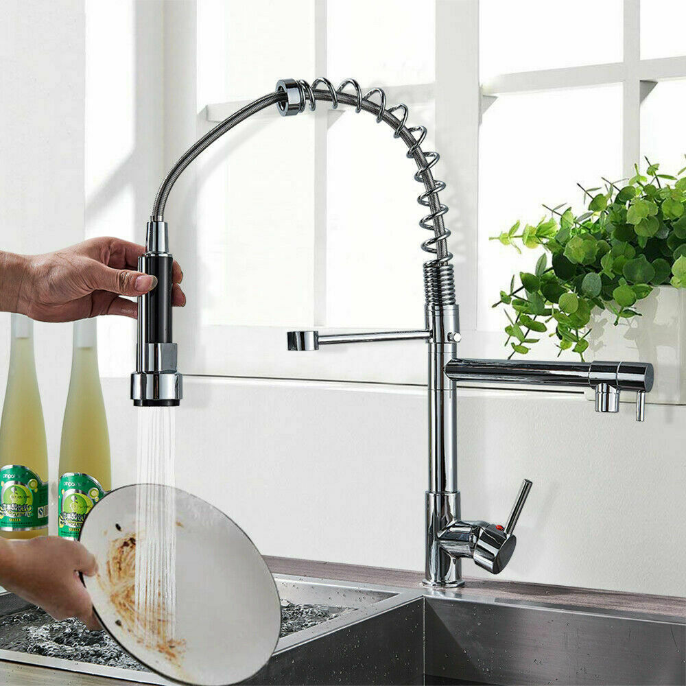 Swivel Pull Out Spray Taps Mixer Kitchen Sink Mixing Tap Spring Neck Chrome/ Black