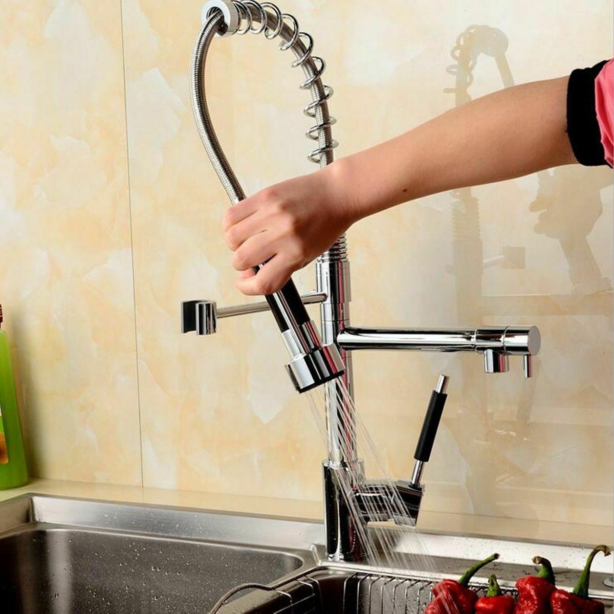 Swivel Pull Out Spray Taps Mixer Kitchen Sink Mixing Tap Spring Neck Chrome/ Black