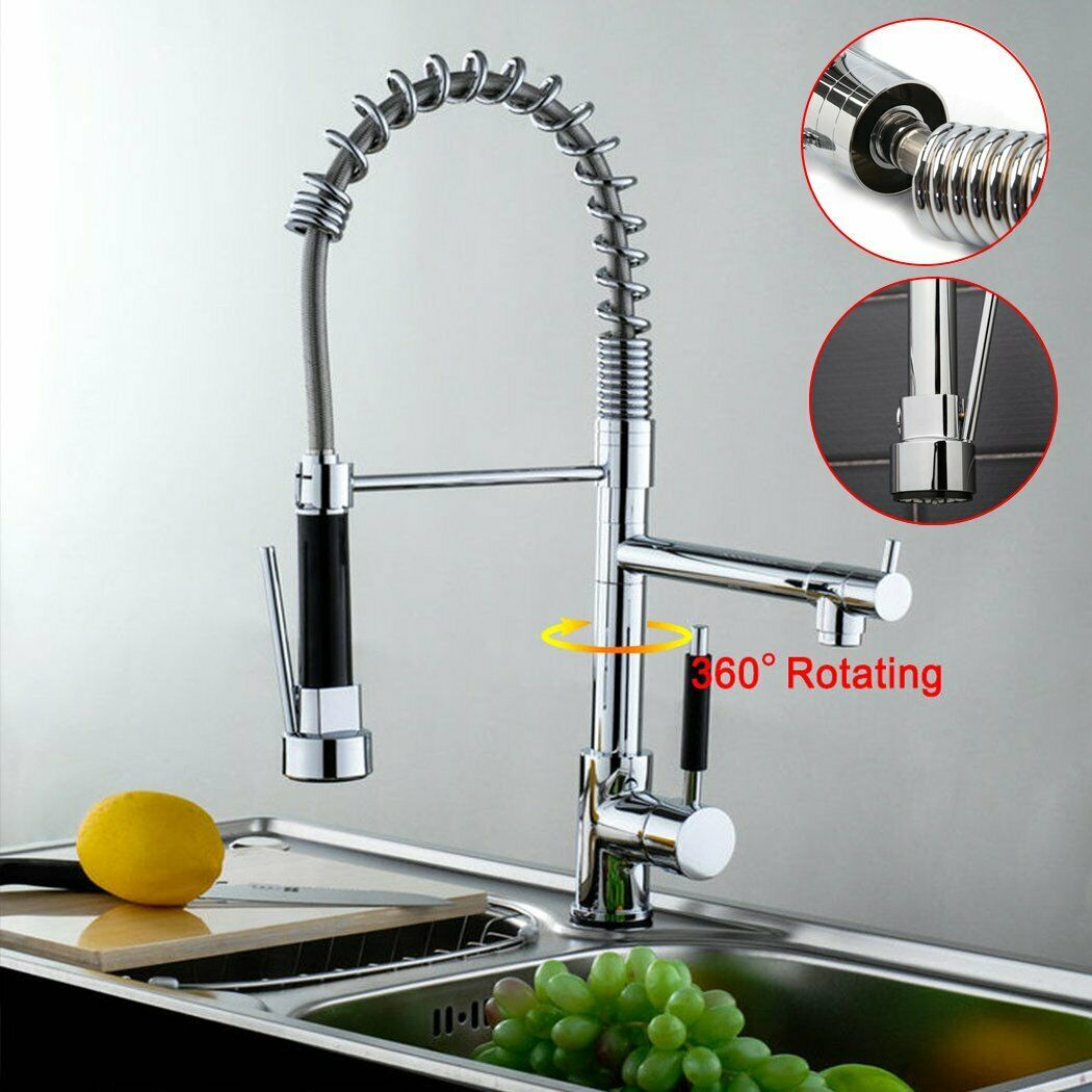 Swivel Pull Out Spray Taps Mixer Kitchen Sink Mixing Tap Spring Neck Chrome/ Black