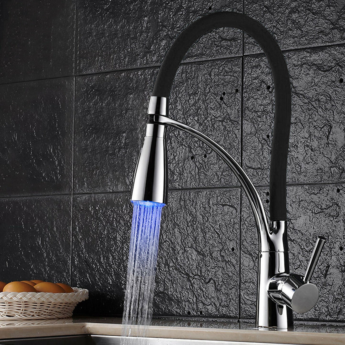 LED Kitchen Sink Mixer Taps Swivel Spout Pull Out Basin Tap Black Chrome Faucet